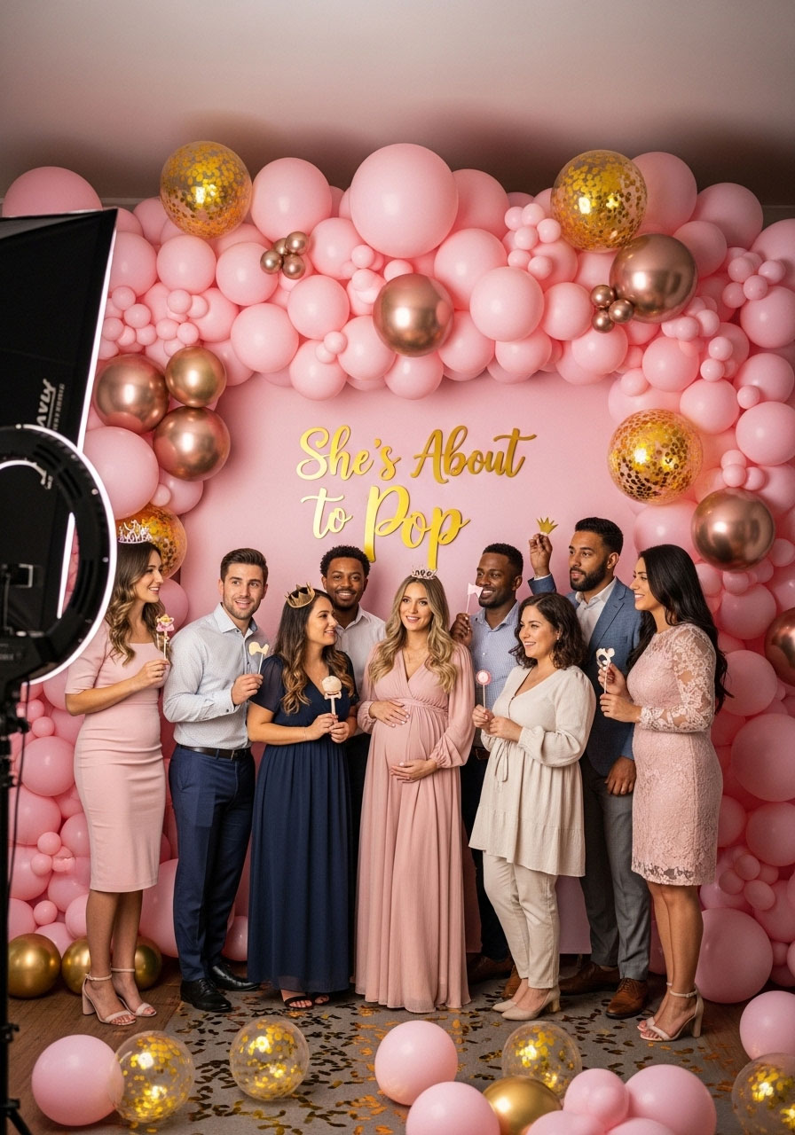 Pink and gold balloon wall photo backdrop with "She's About to Pop" gold lettering for baby shower pictures