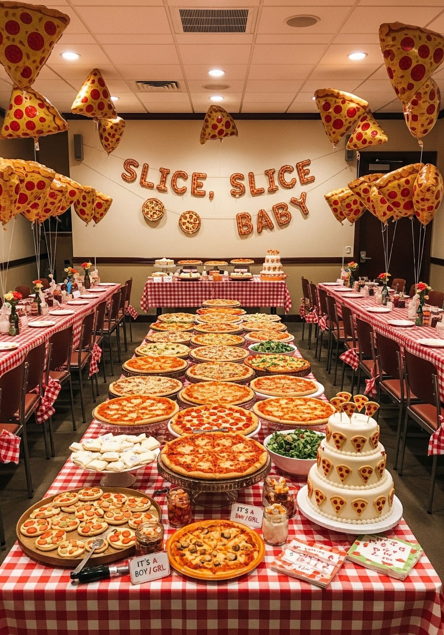 Quirky slice slice baby gender neutral pizza shower with checkered cloths and pizza balloons for fun food-themed bash