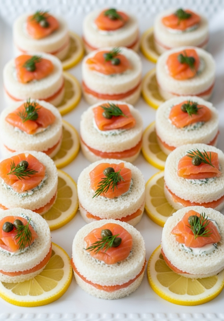 Sophisticated smoked salmon and cream cheese tea sandwiches garnished with fresh dill and capers for an elegant baby shower.