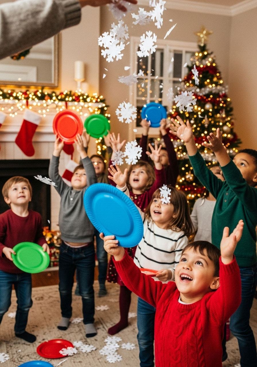 Kids using paper plates to catch falling paper snowflakes during Christmas party game