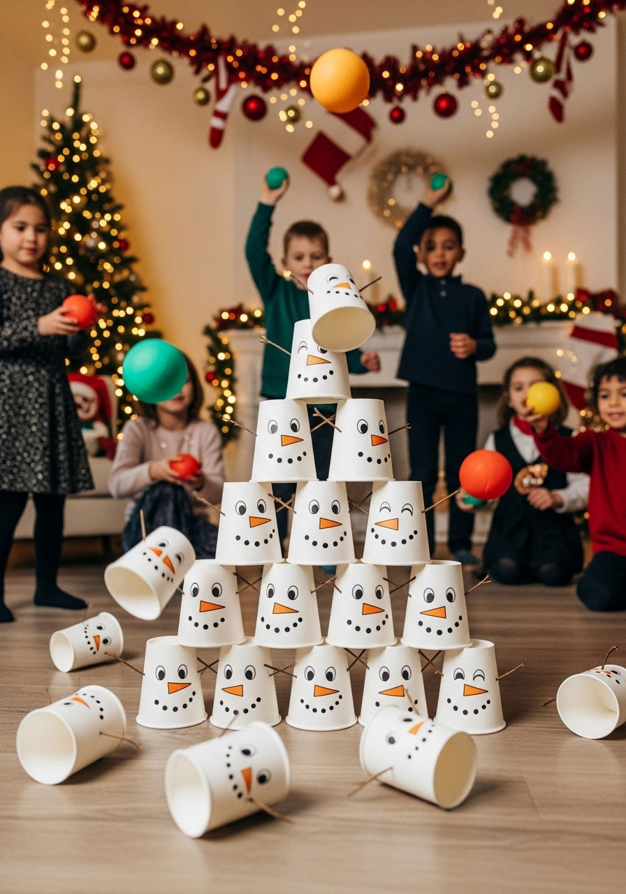 Kids knocking down decorated snowman paper cup towers with soft balls at Christmas party