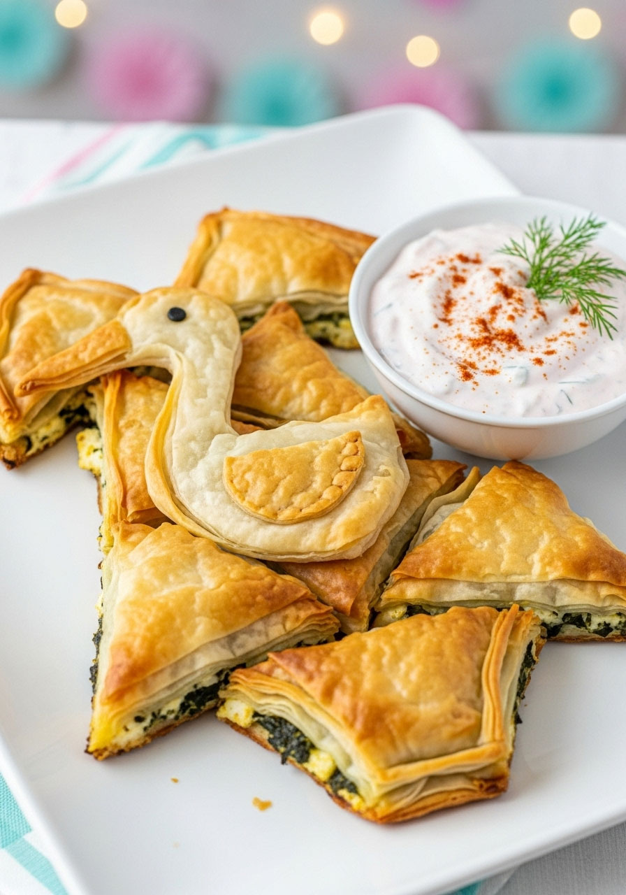 Golden spanakopita triangles served with a bowl of tzatziki dip that has been tinted a light pastel pink for a baby girl shower.