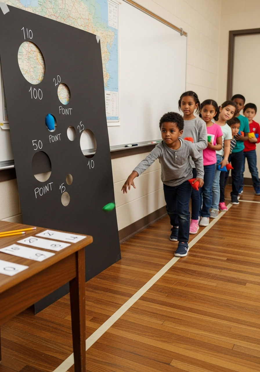 Children throwing bean bags at spider web target board with holes during Halloween classroom party toss challenge game