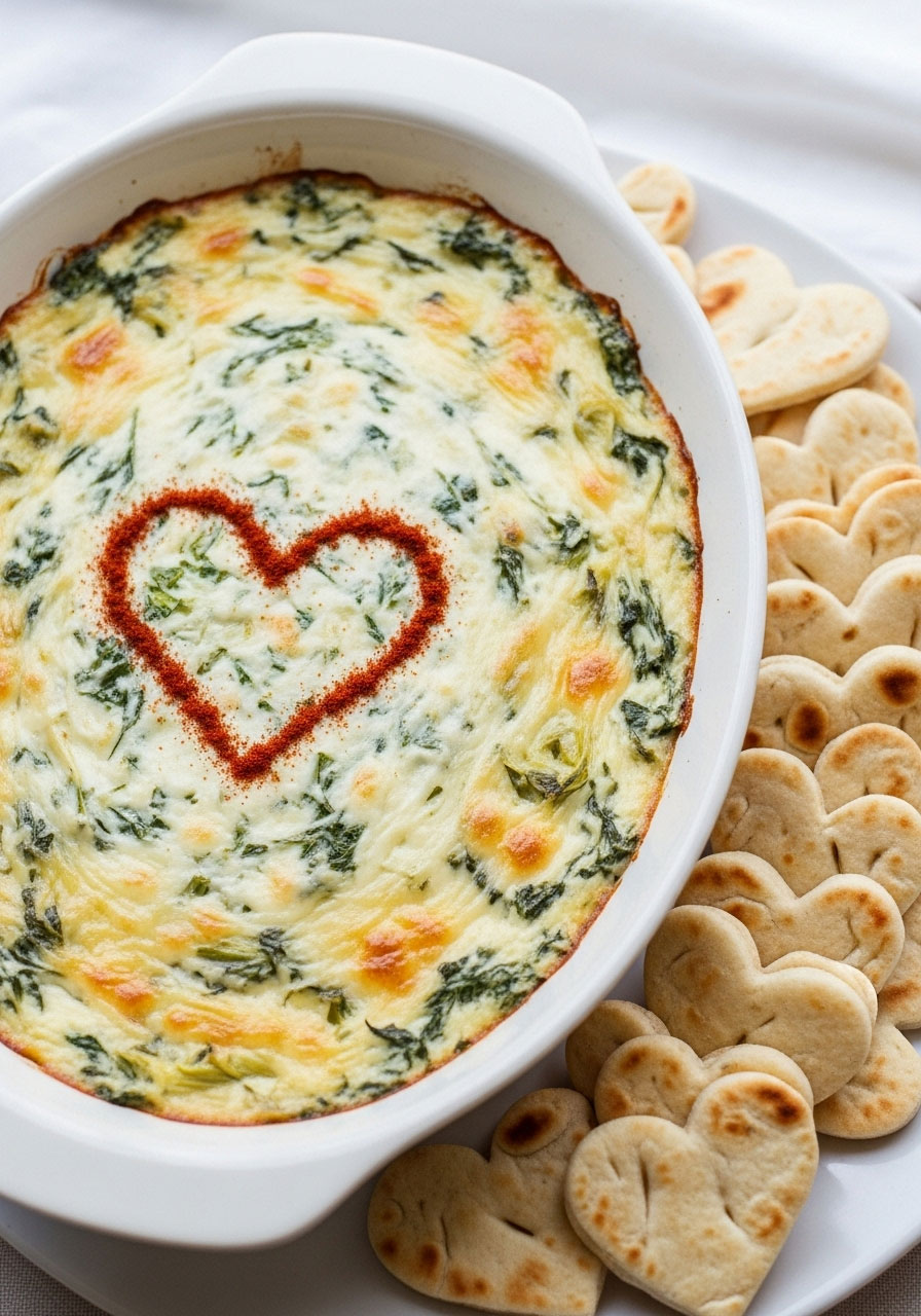 Warm spinach artichoke dip with a heart drawn in paprika on top, served with heart-shaped bread slices for a baby shower.