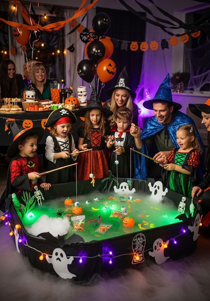 Halloween spooky fishing carnival game with magnetic fishing poles and Halloween prizes in decorated pond for kids party activity