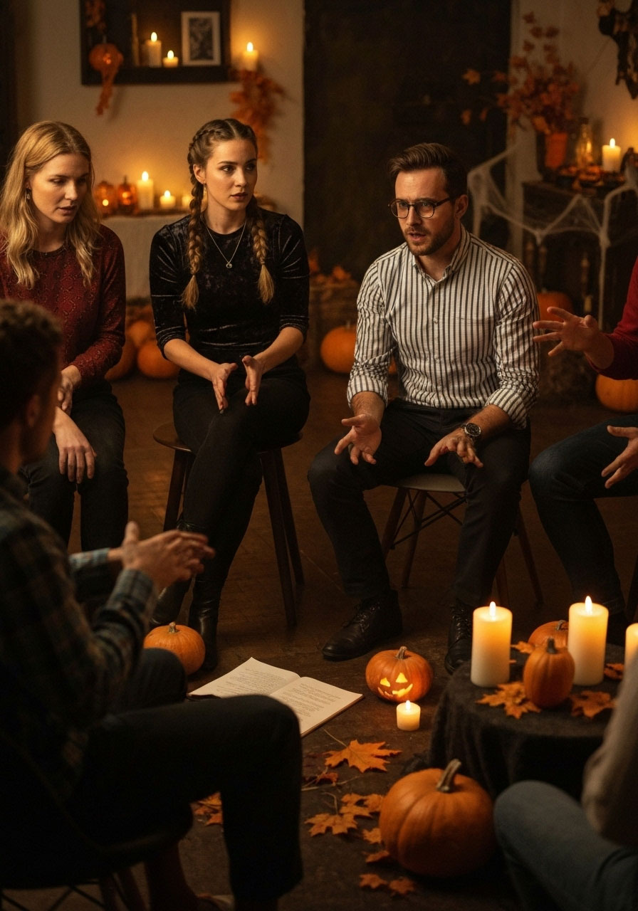 Halloween spooky storytelling circle carnival game with players sharing scary stories in atmospheric candlelit setting
