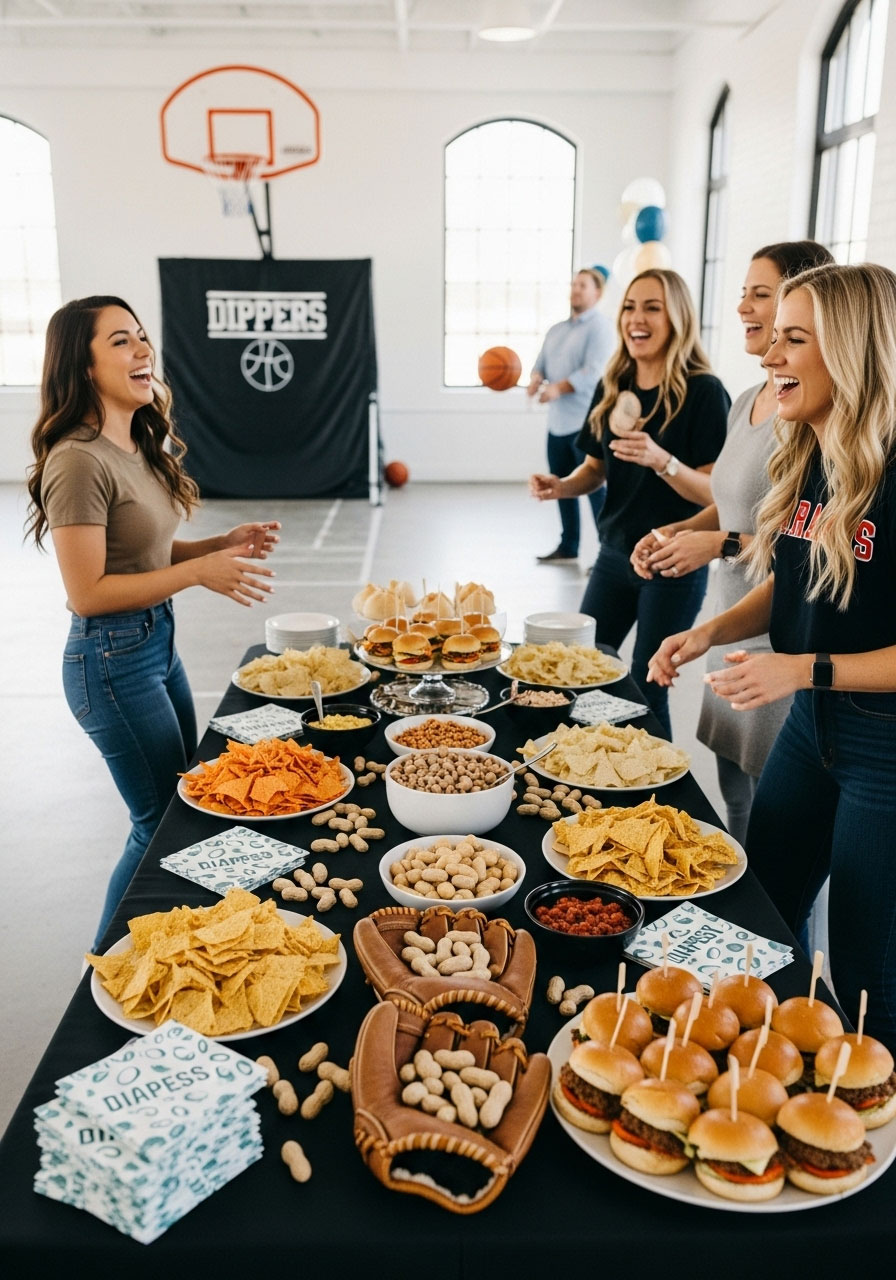 A high-energy sports-themed baby shower featuring a gourmet nacho bar and a 'diaper toss' basketball game for entertainment.