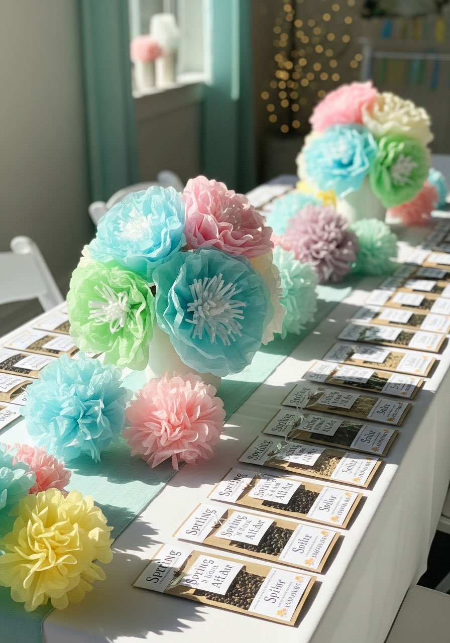 A fresh 'Spring in the Air' baby shower decorated with inexpensive DIY tissue paper flowers in pastel colors.