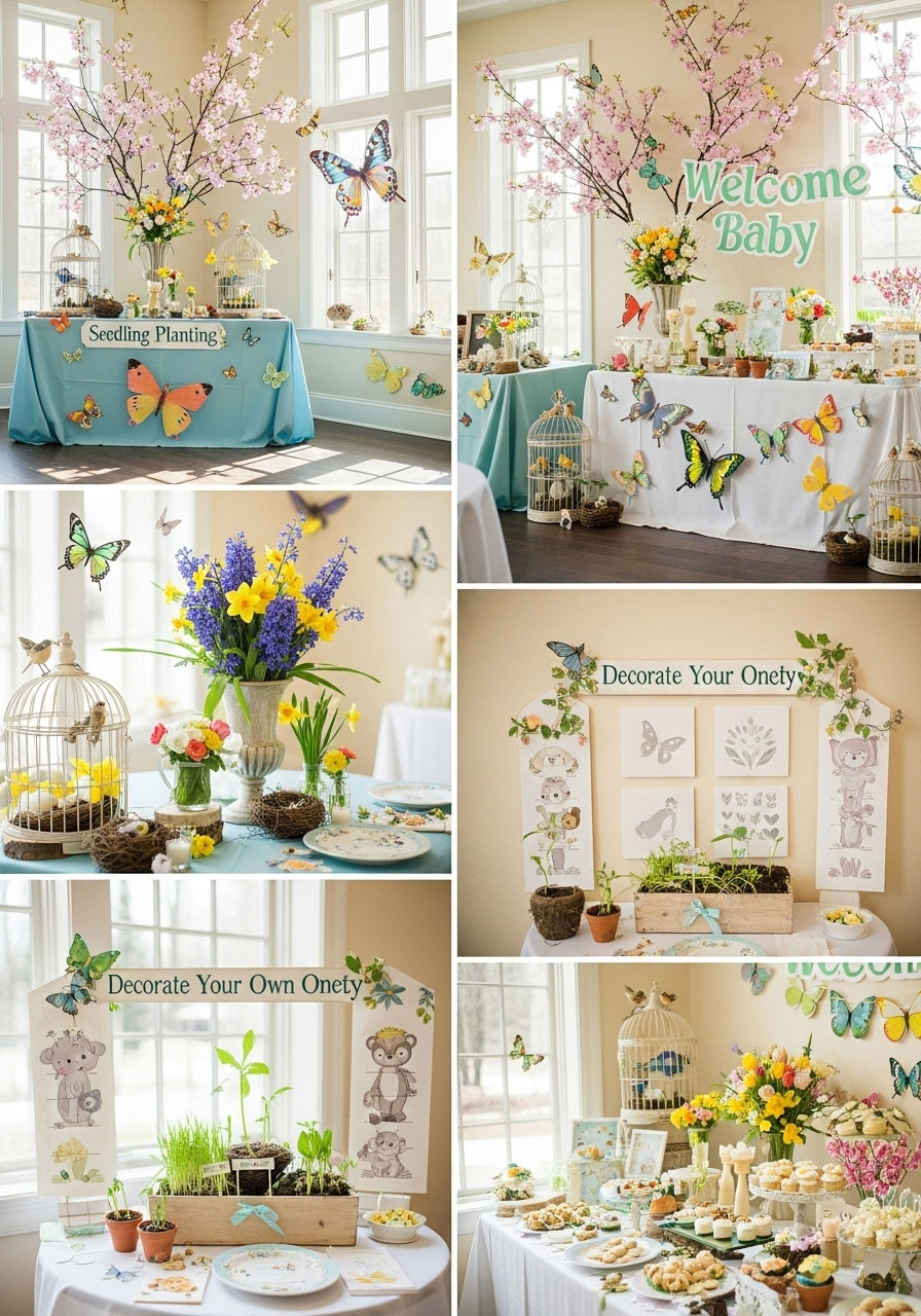 General spring has sprung baby shower with mixed spring elements, butterflies, flowers, growth themes and comprehensive seasonal celebration