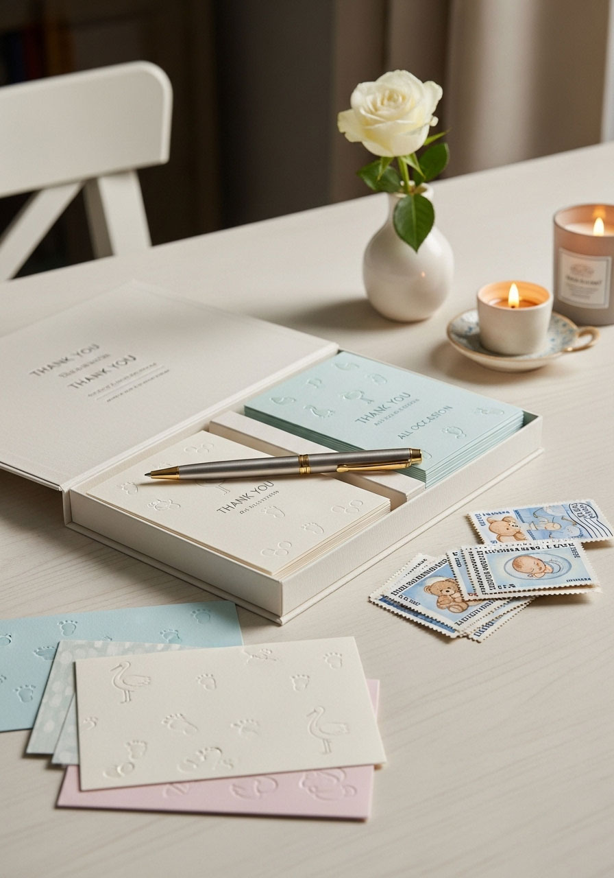 A box of beautiful thank-you cards with a pen and stamps, a thoughtful stationery prize.