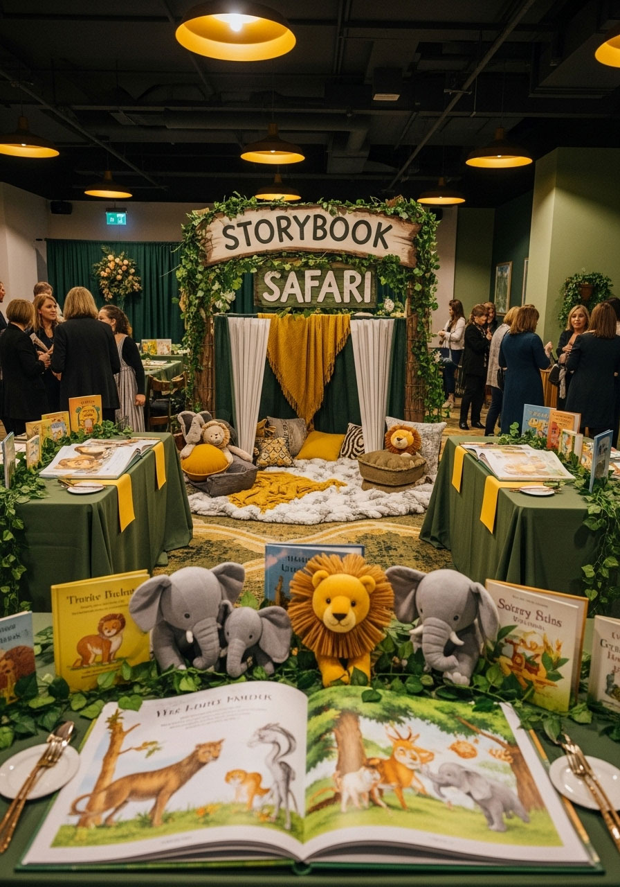 An imaginative storybook safari baby shower with a cozy reading nook, open books with animal illustrations, and plush jungle characters.