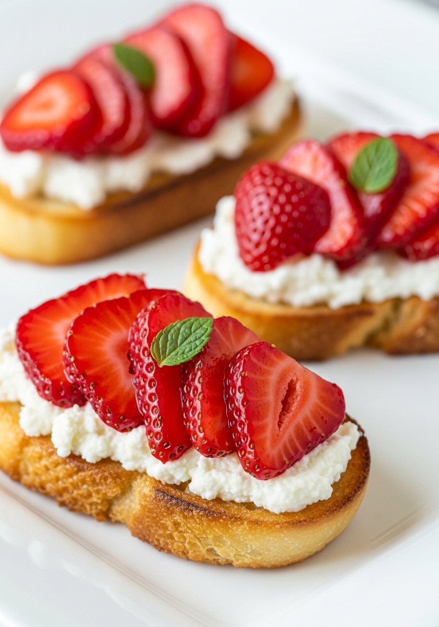 Elegant crostini with ricotta and balsamic strawberries, garnished with a tiny mint leaf for a beautiful baby shower appetizer.
