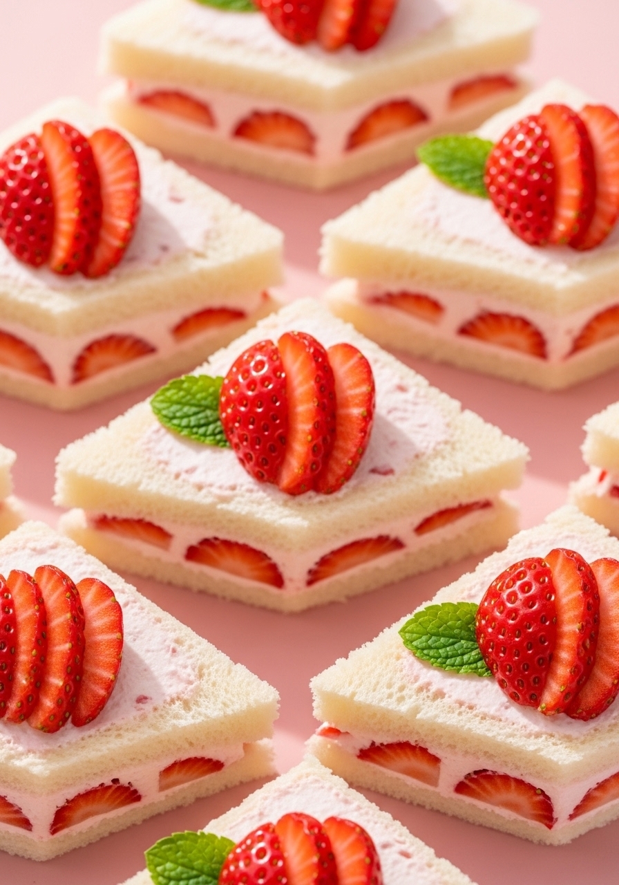 Sweet strawberry cream cheese sandwiches topped with a fresh strawberry slice, perfect for a "Berry Sweet" baby girl shower theme.