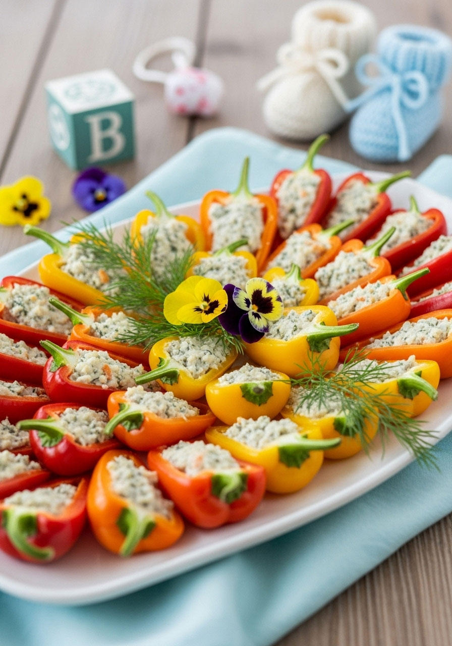A vibrant platter of cream cheese-stuffed mini bell peppers using red, yellow, and orange peppers to create a rainbow effect.
