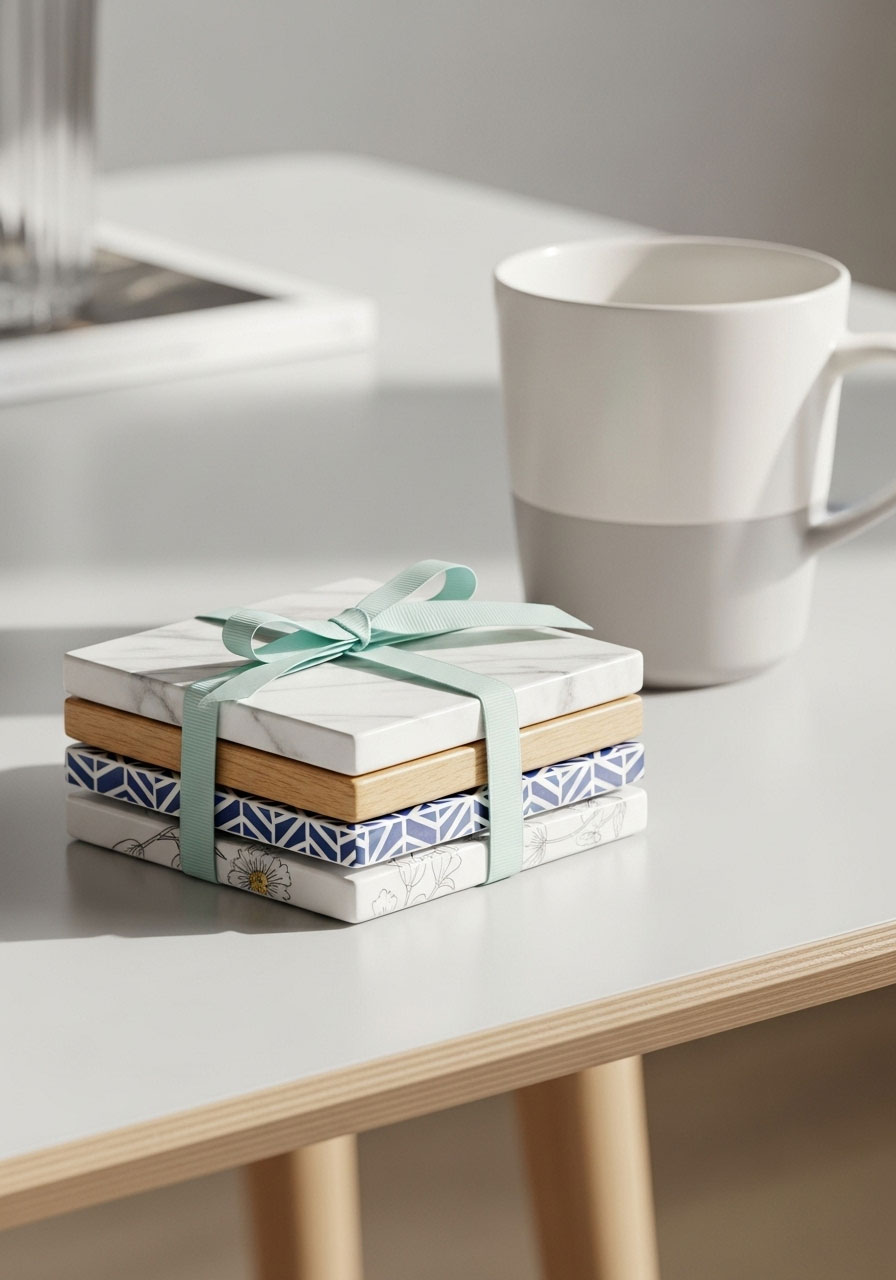 A stack of four modern coasters made of marble or wood, a chic and useful baby shower prize.