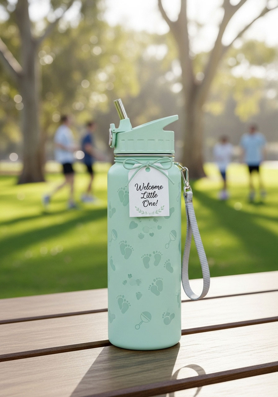 A trendy, reusable insulated water bottle, a healthy and stylish baby shower prize idea.