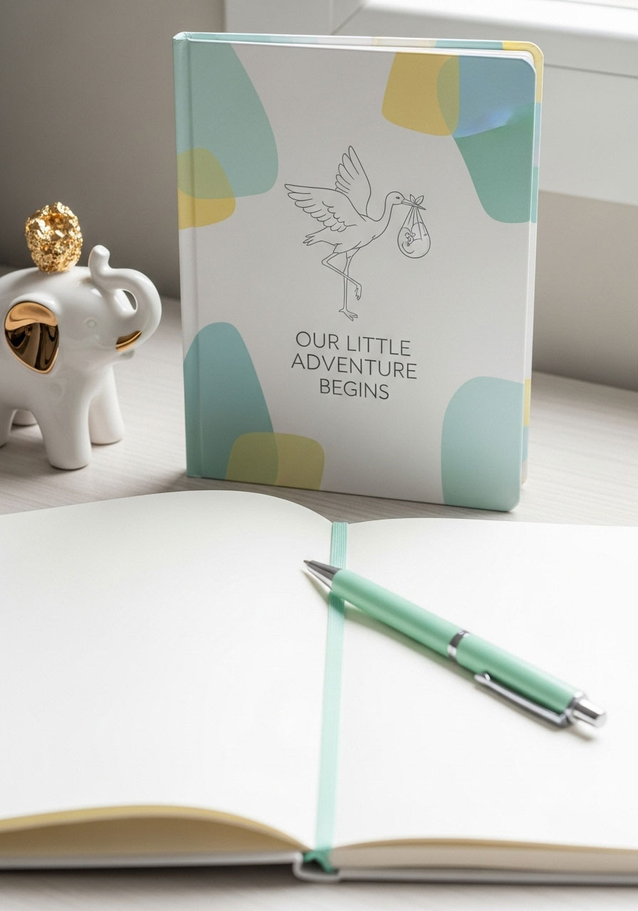 A chic notebook with a matching pen, an elegant and useful baby shower game prize.
