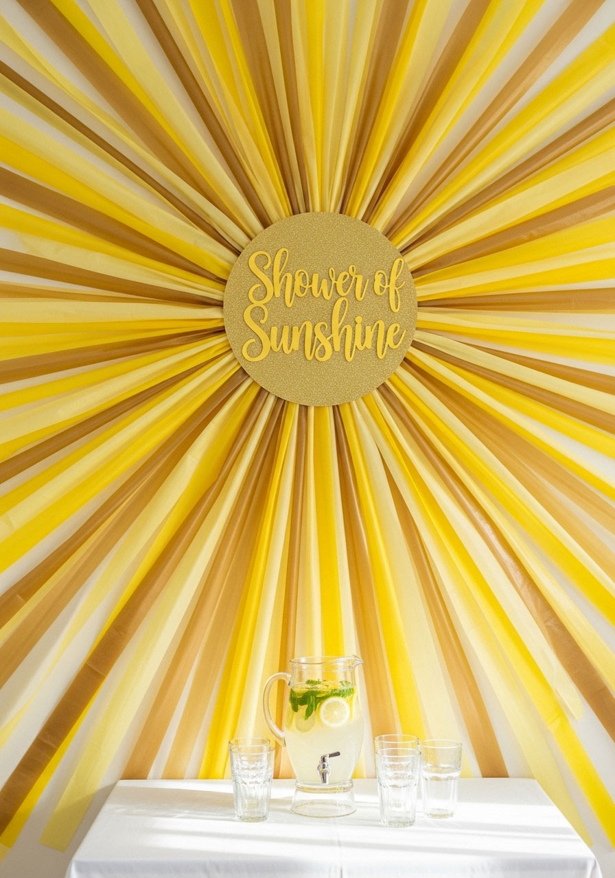 A bright 'Shower of Sunshine' baby shower with a high-impact DIY sunbeam backdrop made from streamers.