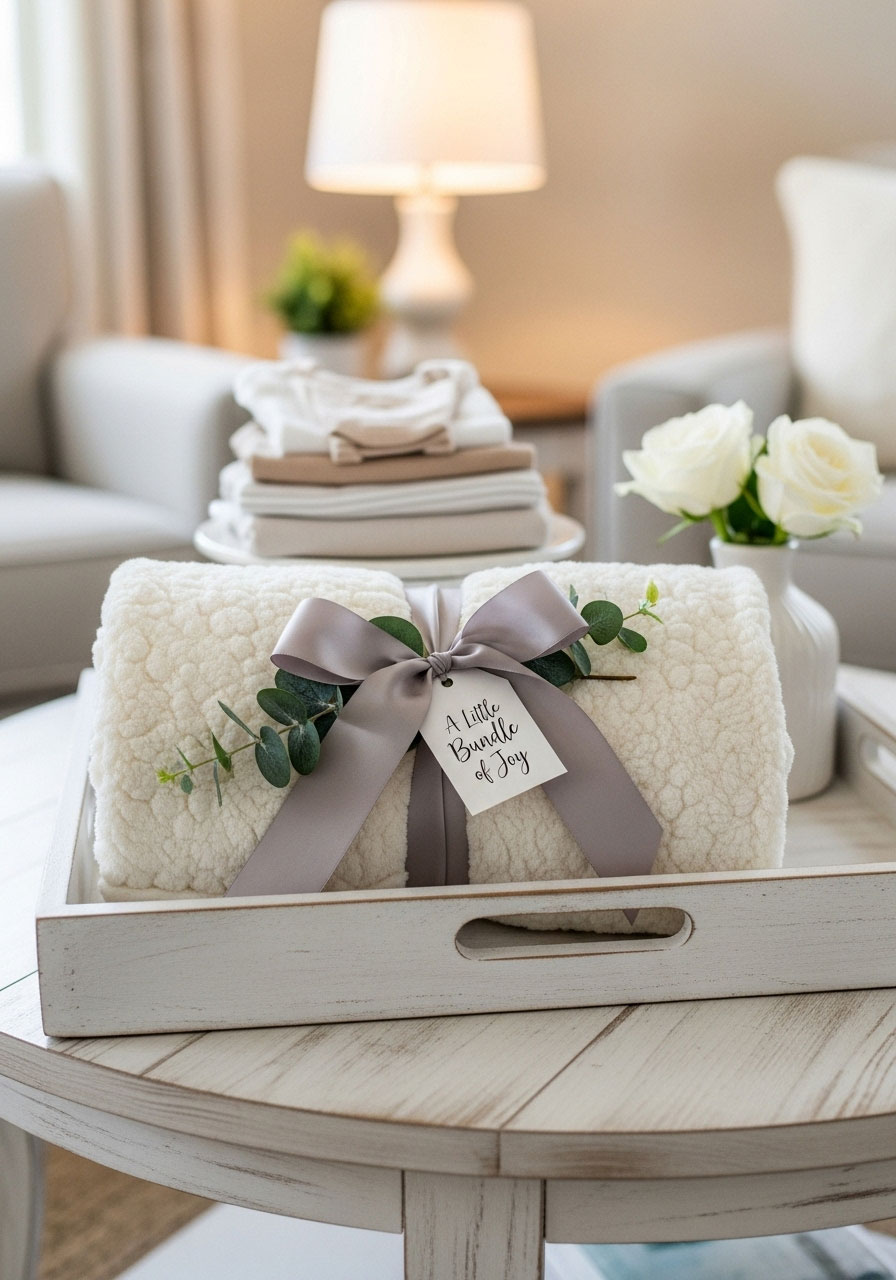 A plush, soft throw blanket rolled and tied with a ribbon, a luxurious and comforting prize.