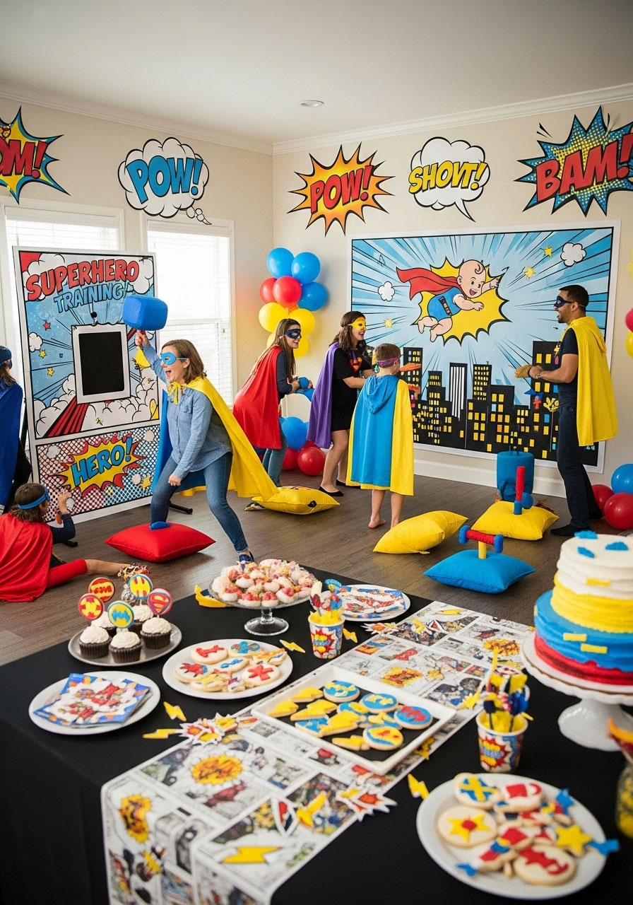 Superhero academy baby shower with comic book decorations, capes, masks and bright colored action-packed themed party atmosphere