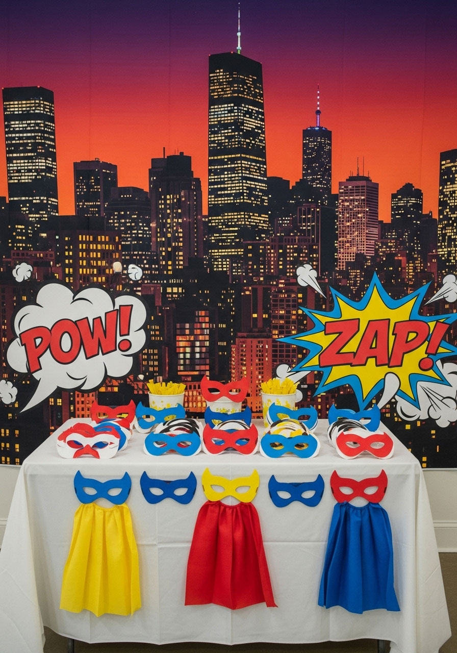 An action-packed superhero baby shower with a city skyline backdrop and a bold red, blue, and yellow comic book color scheme.