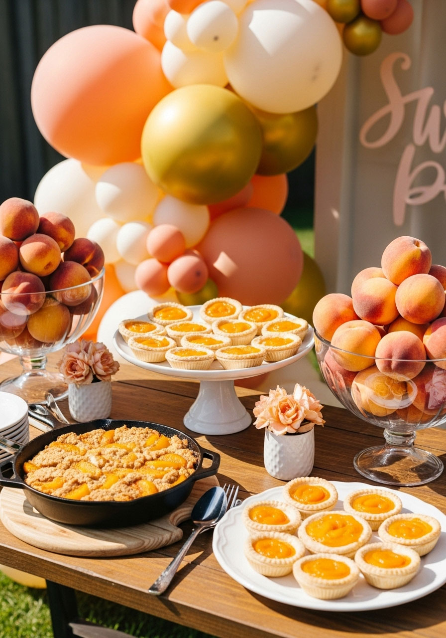 A warm and charming baby shower with a 'Sweet Peach' theme, featuring a peach cobbler dessert bar and fresh peach decorations.
