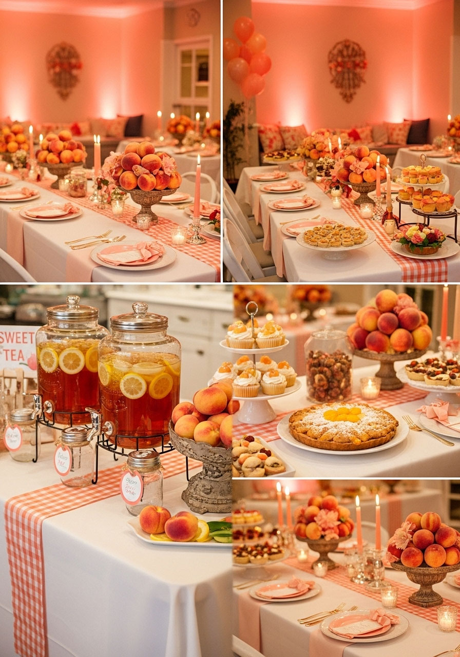 Southern sweet as a peach baby shower with peach coral decorations, fresh peach centerpieces, gingham accents and warm hospitality theme