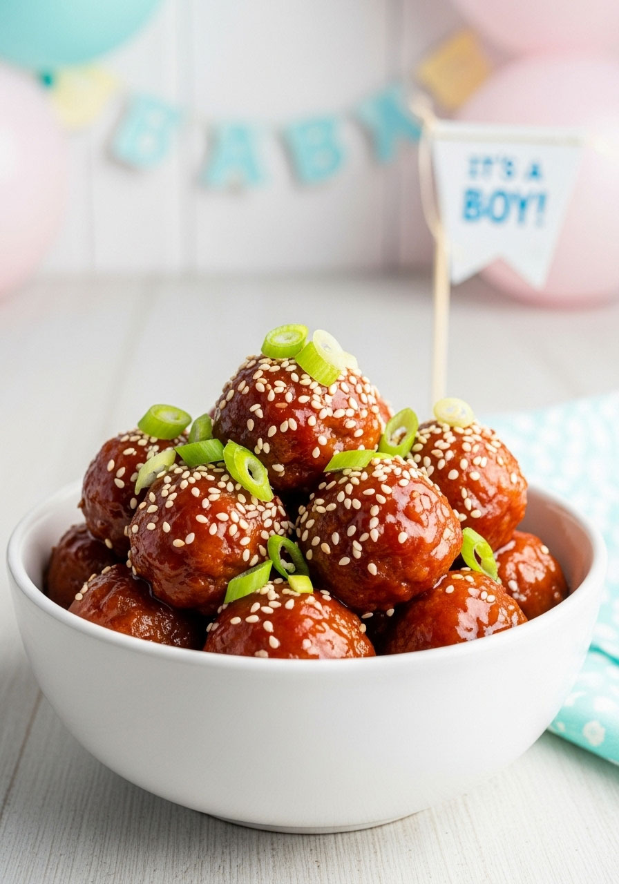 A white bowl of sweet and sour meatballs, garnished with toasted sesame seeds and sliced green onions for a vibrant baby shower dish.