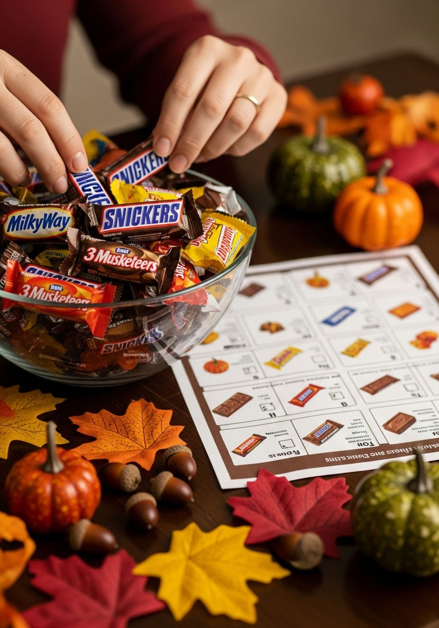 Sweet Talk Friendsgiving game setup with fun-size chocolate bars and question sheet on festive fall table