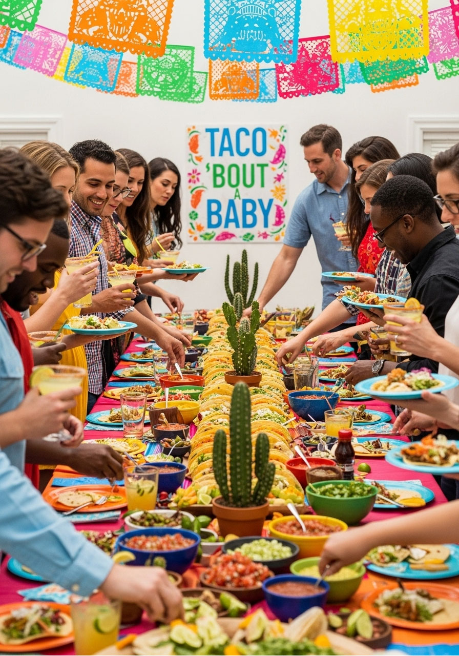 Guests enjoying a vibrant "Taco 'Bout a Baby" coed shower, gathered around a festive taco bar with colorful decorations.