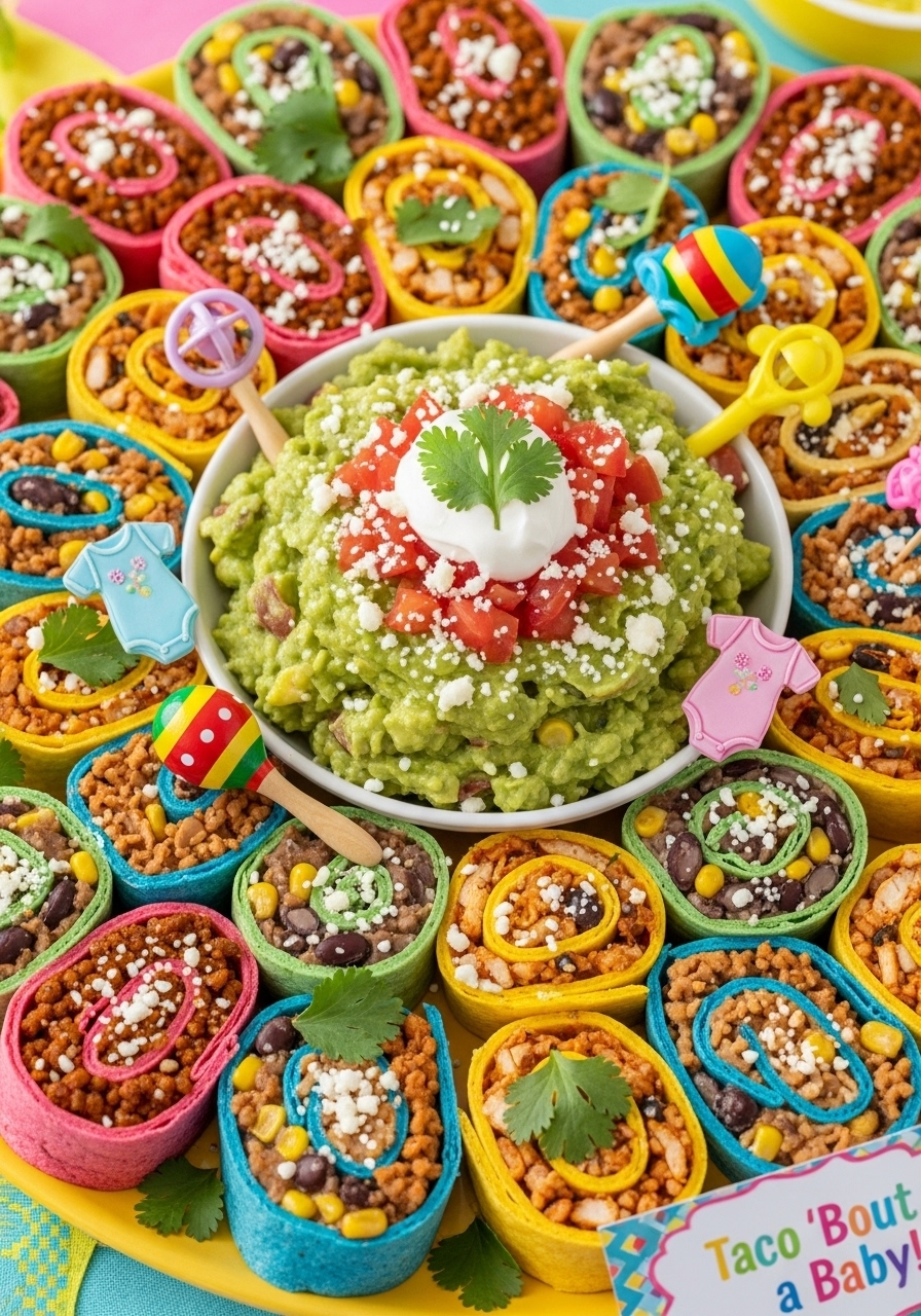 A festive platter of taco pinwheels arranged around a bowl of fresh guacamole, ready for a "Taco 'Bout a Baby" shower.