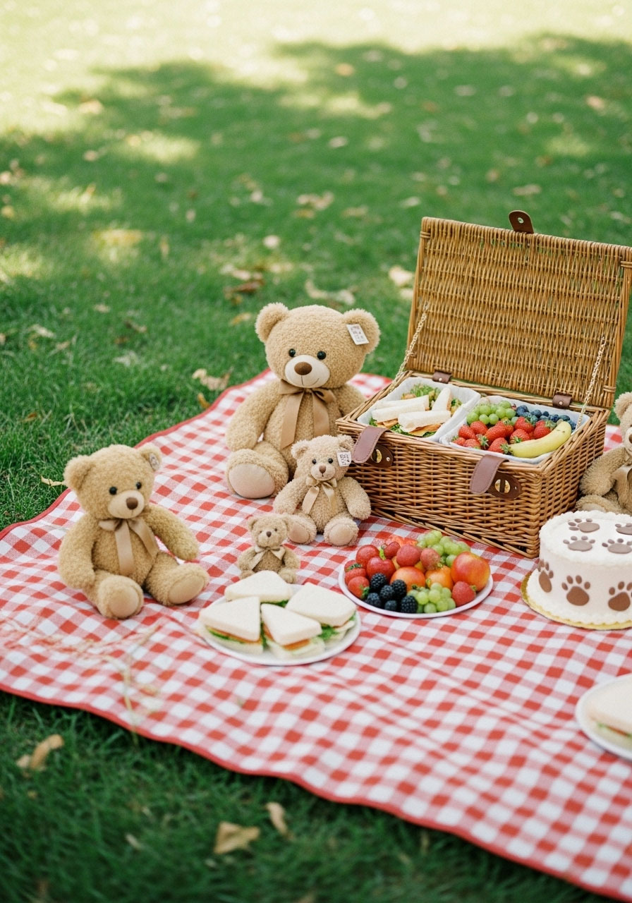 A sweet 'Teddy Bear Picnic' baby shower with teddy bears and a checkered blanket in a park.