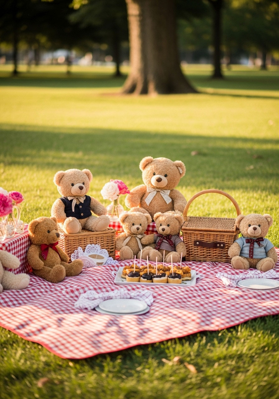 A sweet teddy bear picnic baby shower with red-and-white checkered blankets on the grass and adorable teddy bears as centerpieces.