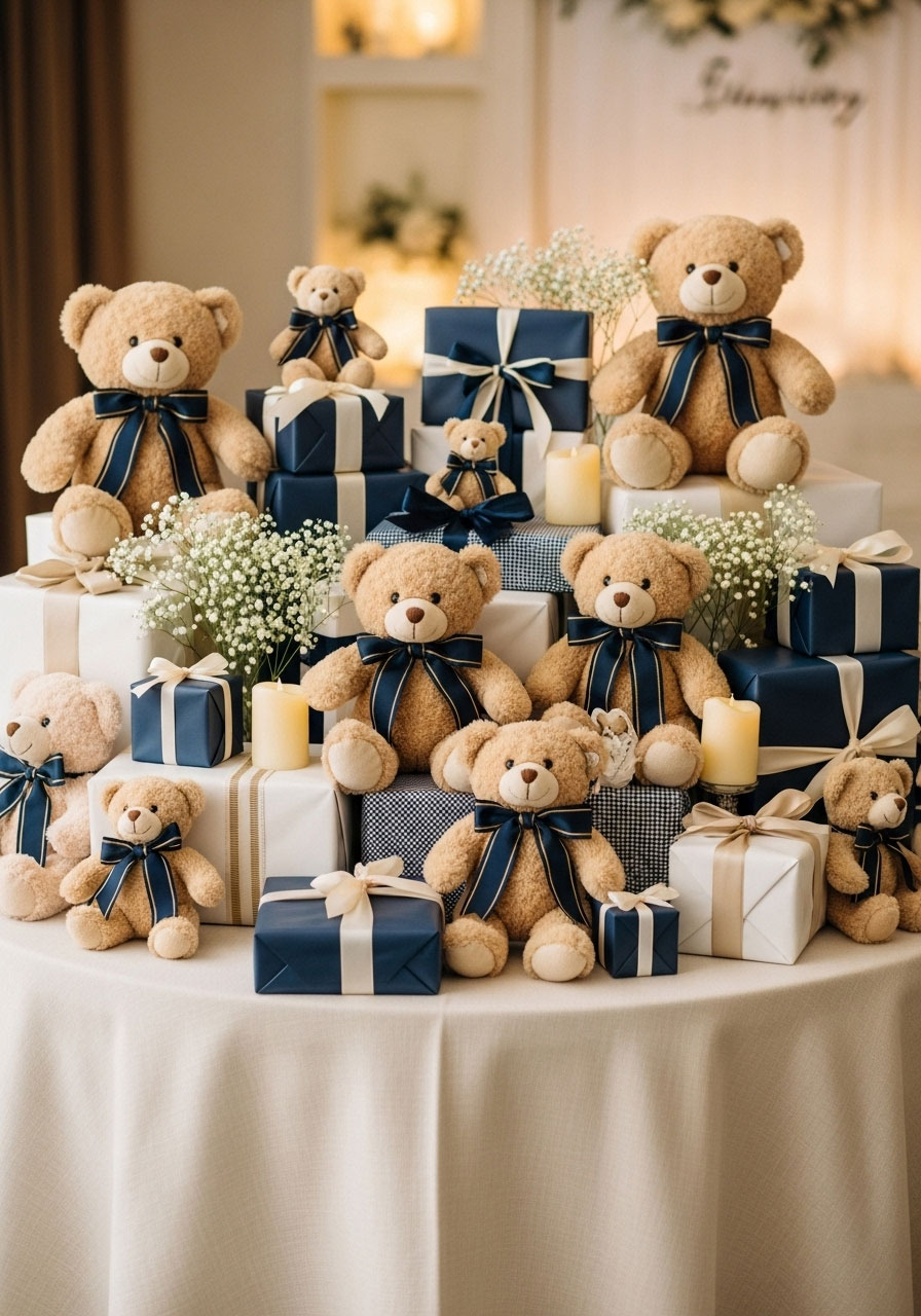 Charming baby shower gift table with teddy bears of different sizes arranged around wrapped presents with navy and cream ribbons