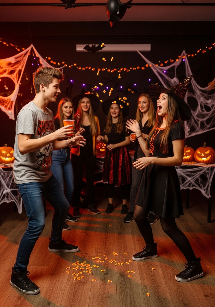 Teen pairs playing Halloween candy corn catching contest with tosser and catcher at party