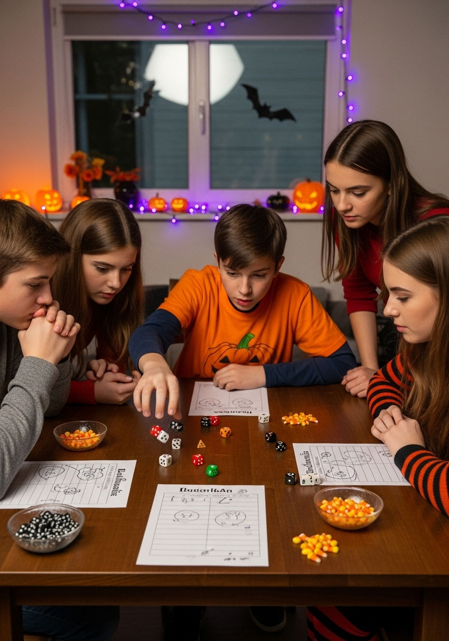 Teens playing Halloween candy corn dice game with scoresheets and Halloween decorations at party table