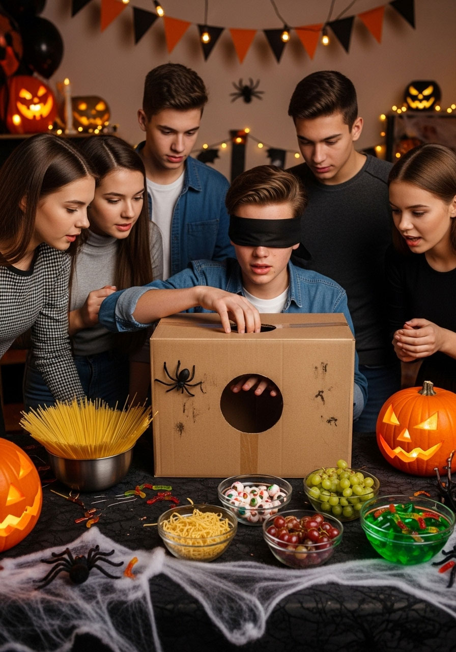 Teens playing Halloween mystery box challenge game with blindfolded player and creepy items at party
