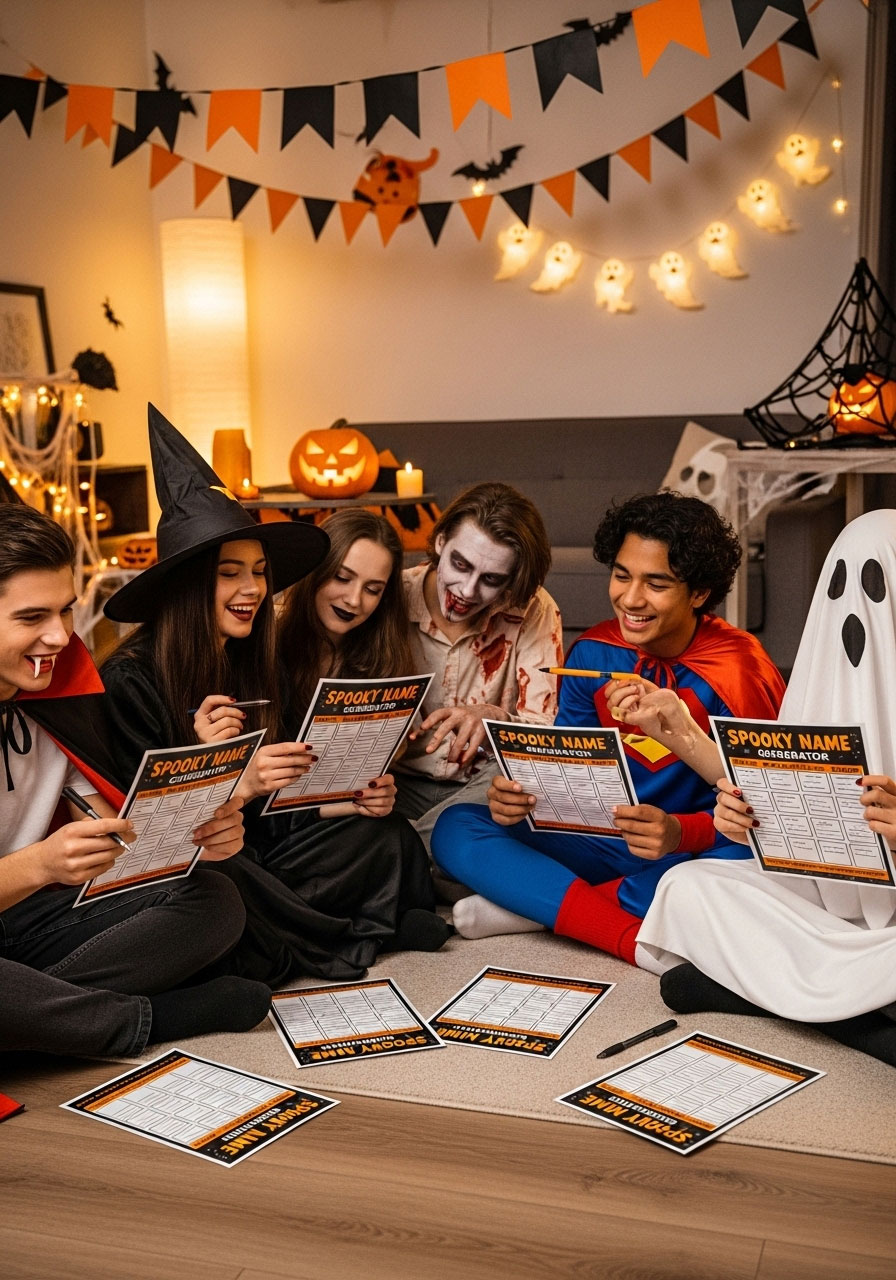 Teens in Halloween costumes playing name generator icebreaker game at party with printed sheets and Halloween decorations