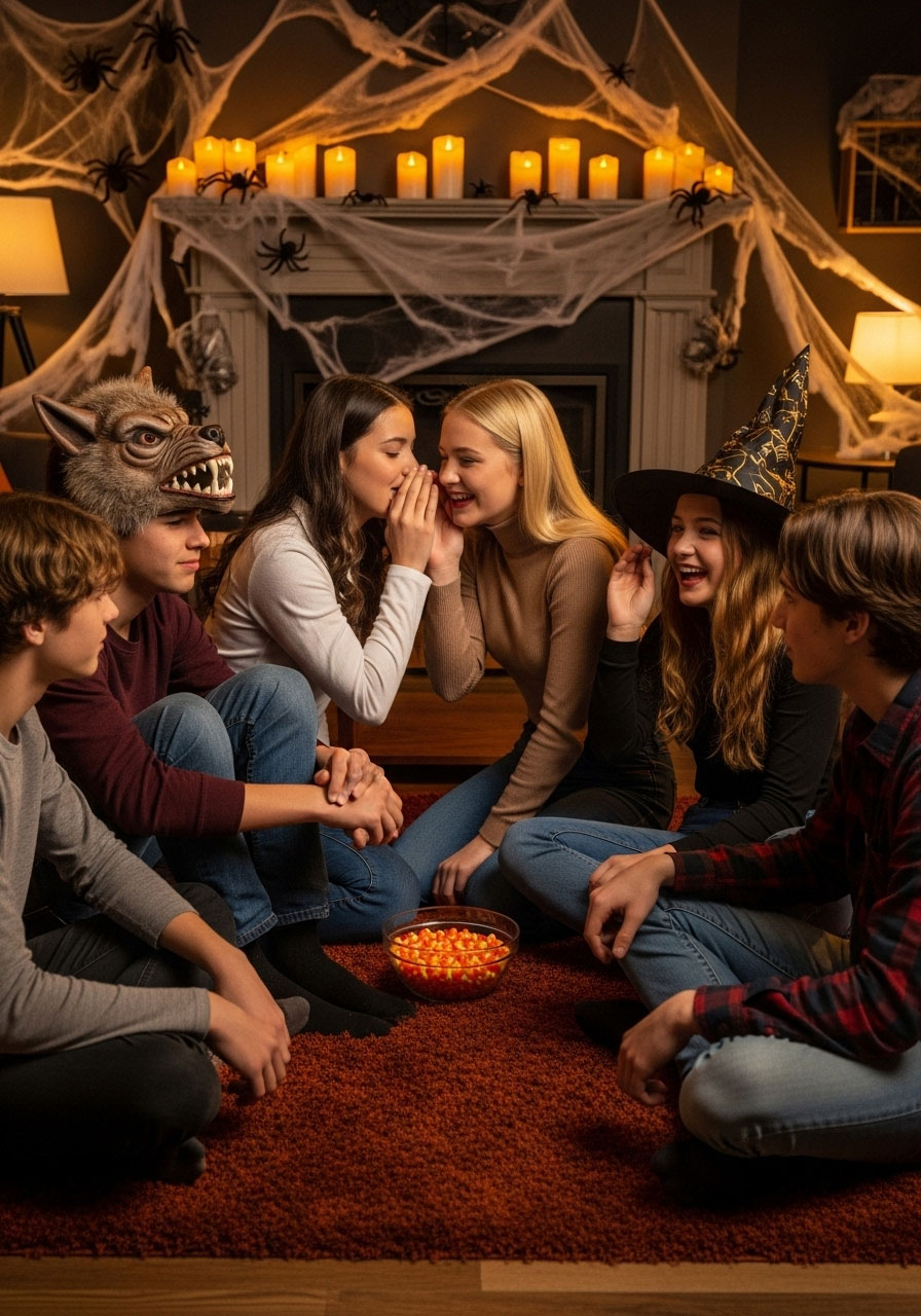 Teens sitting in circle playing Halloween whispers telephone game at decorated party