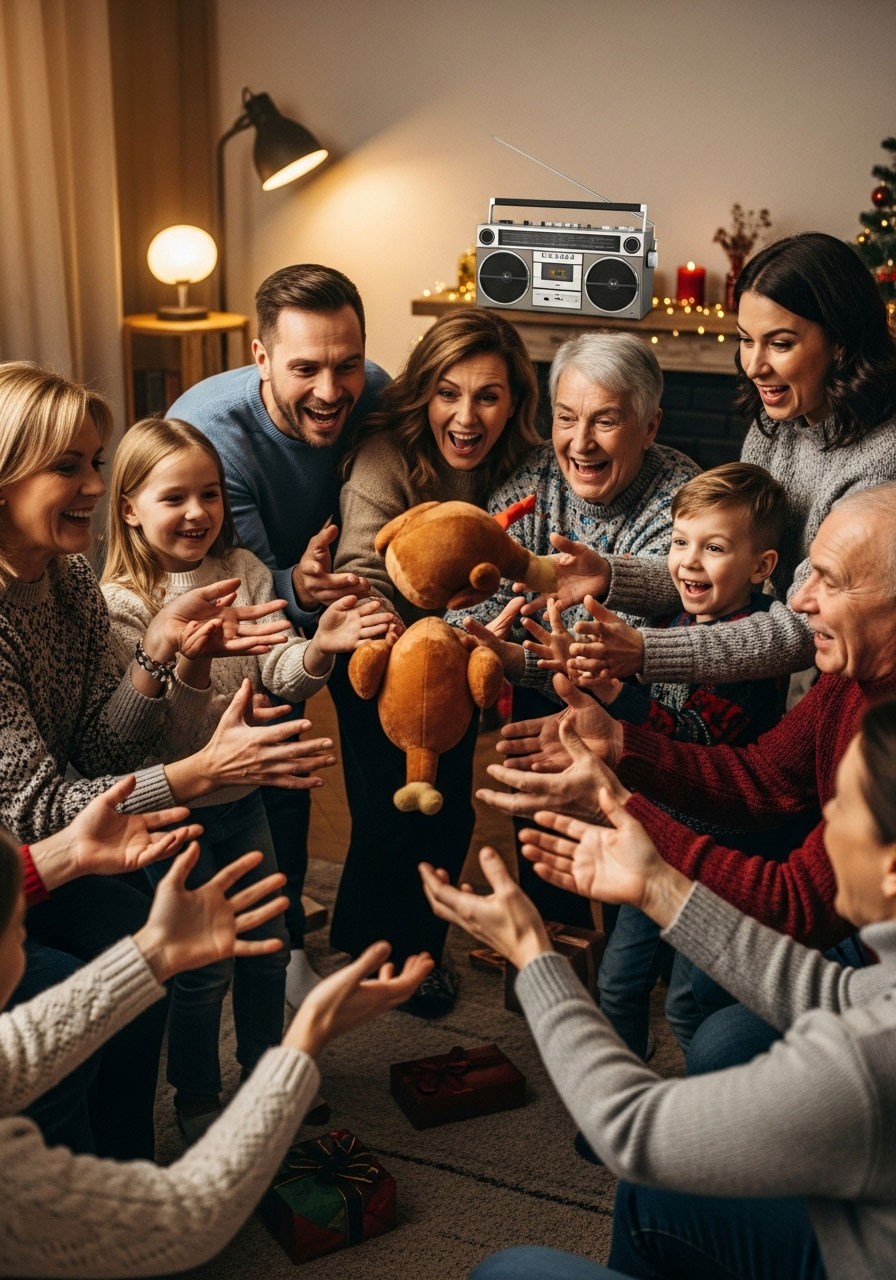 Thankful Hot Potato game with family passing turkey while music plays and sharing gratitude