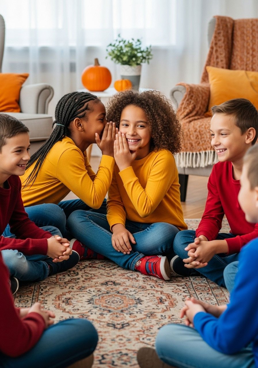 Children playing thankful telephone whisper game in circle sharing gratitude messages during Thanksgiving