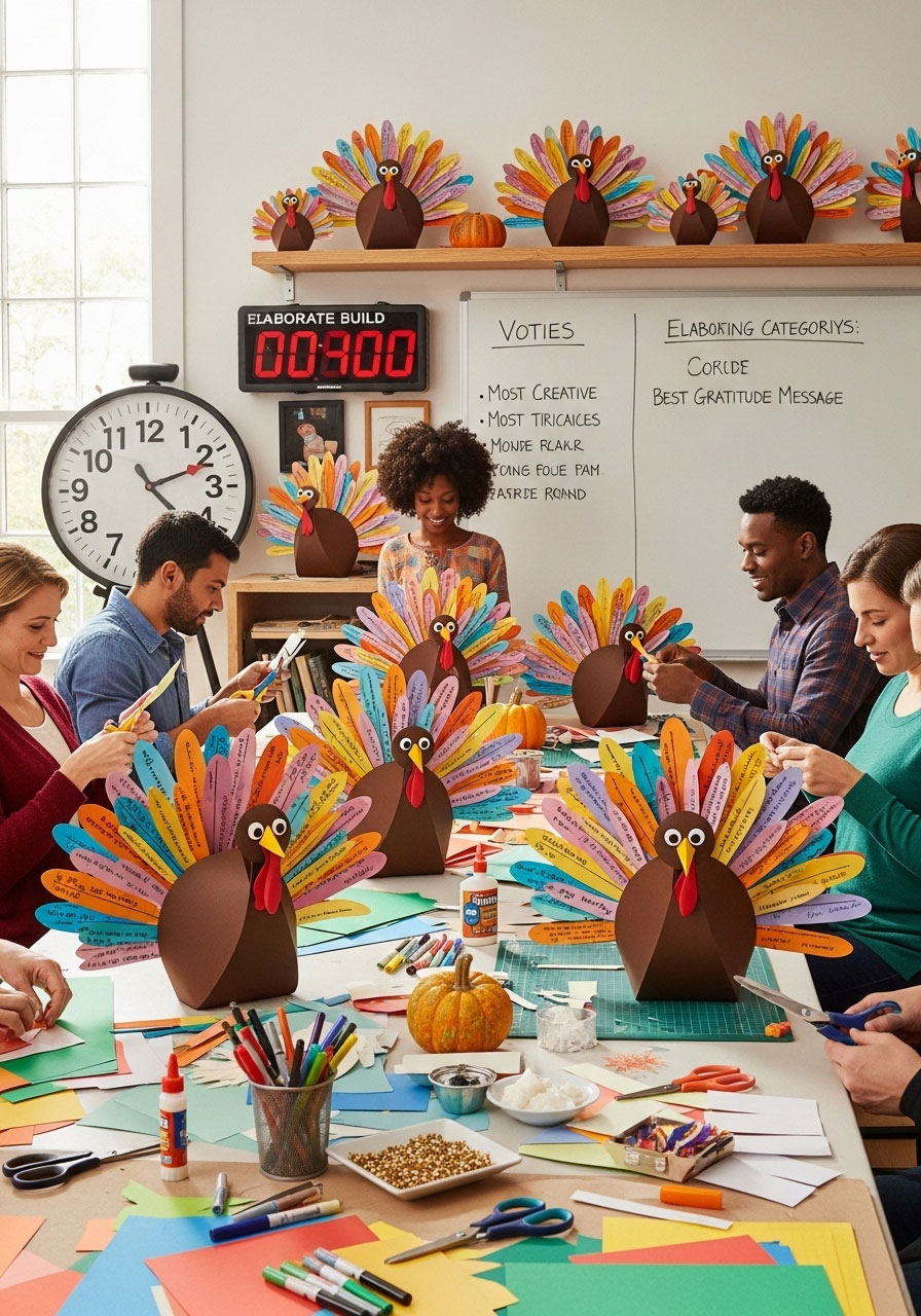 Thankful Turkey Craft Game with family making gratitude turkeys with decorated feathers
