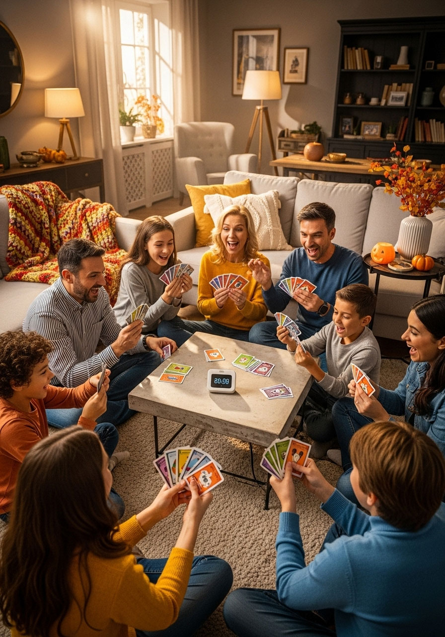Family playing Thanksgiving 5 Second Game with cards and timer during holiday gathering