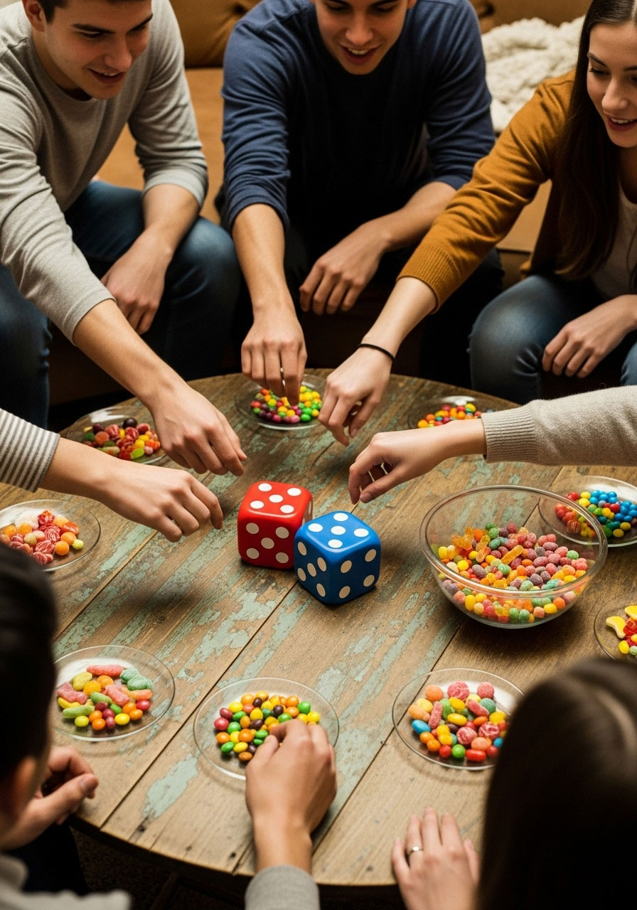 Thanksgiving Candy Dice game with family rolling dice and collecting candy pieces