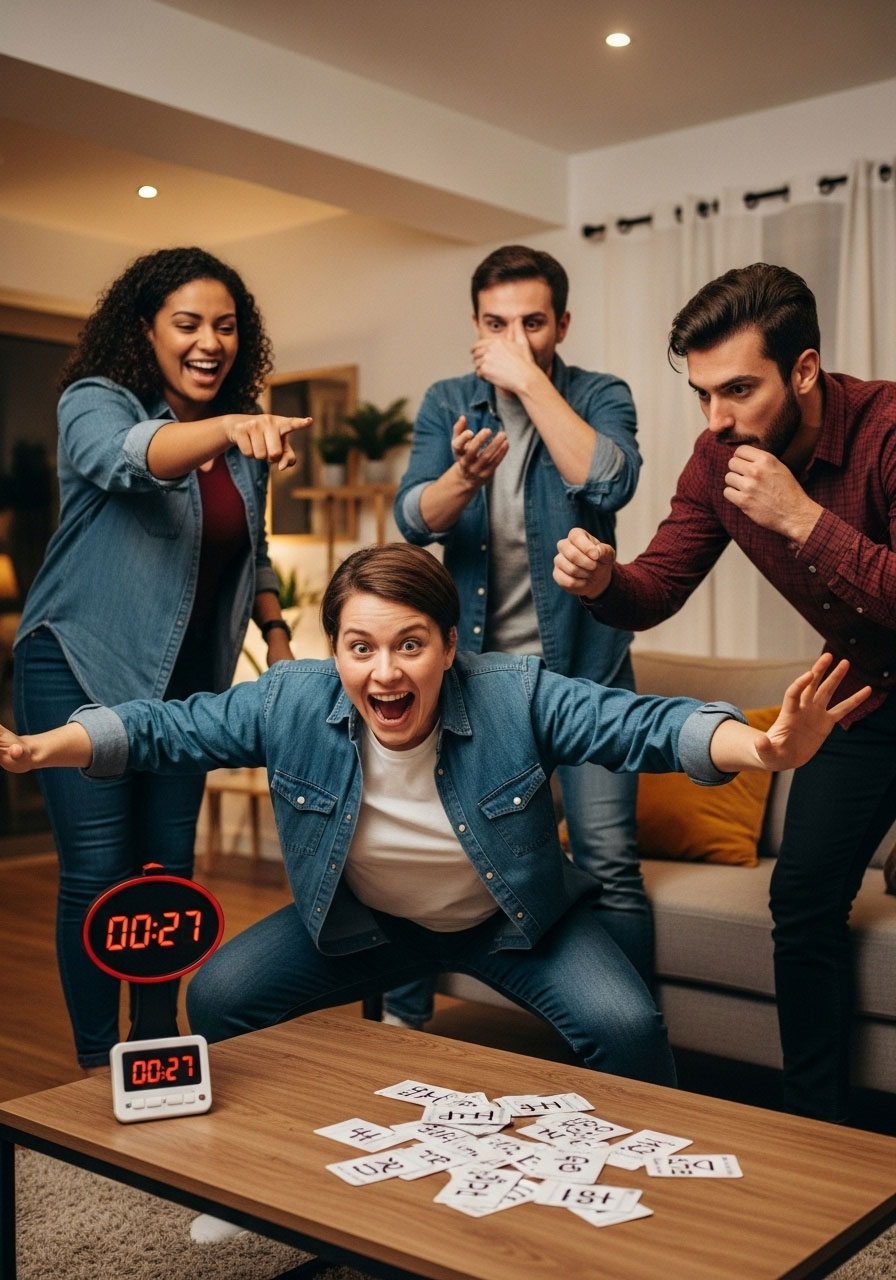 Thanksgiving Charades game with player acting out holiday phrases while family guesses
