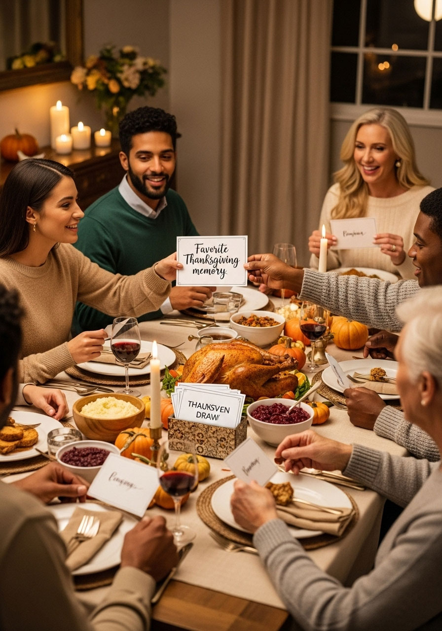 Thanksgiving Conversation Starters cards at dinner table prompting meaningful family discussions