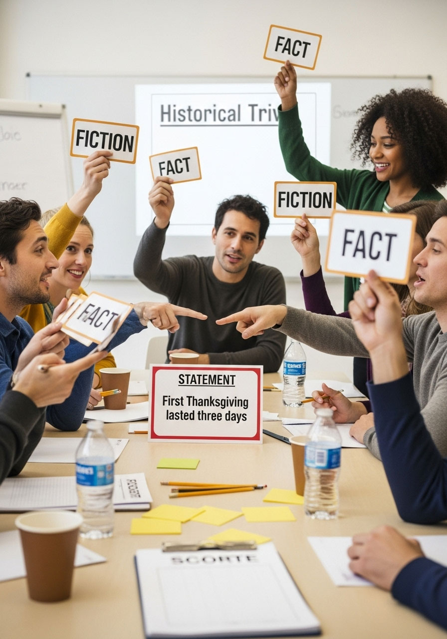 Thanksgiving Fact or Fiction game with family guessing true or false holiday statements