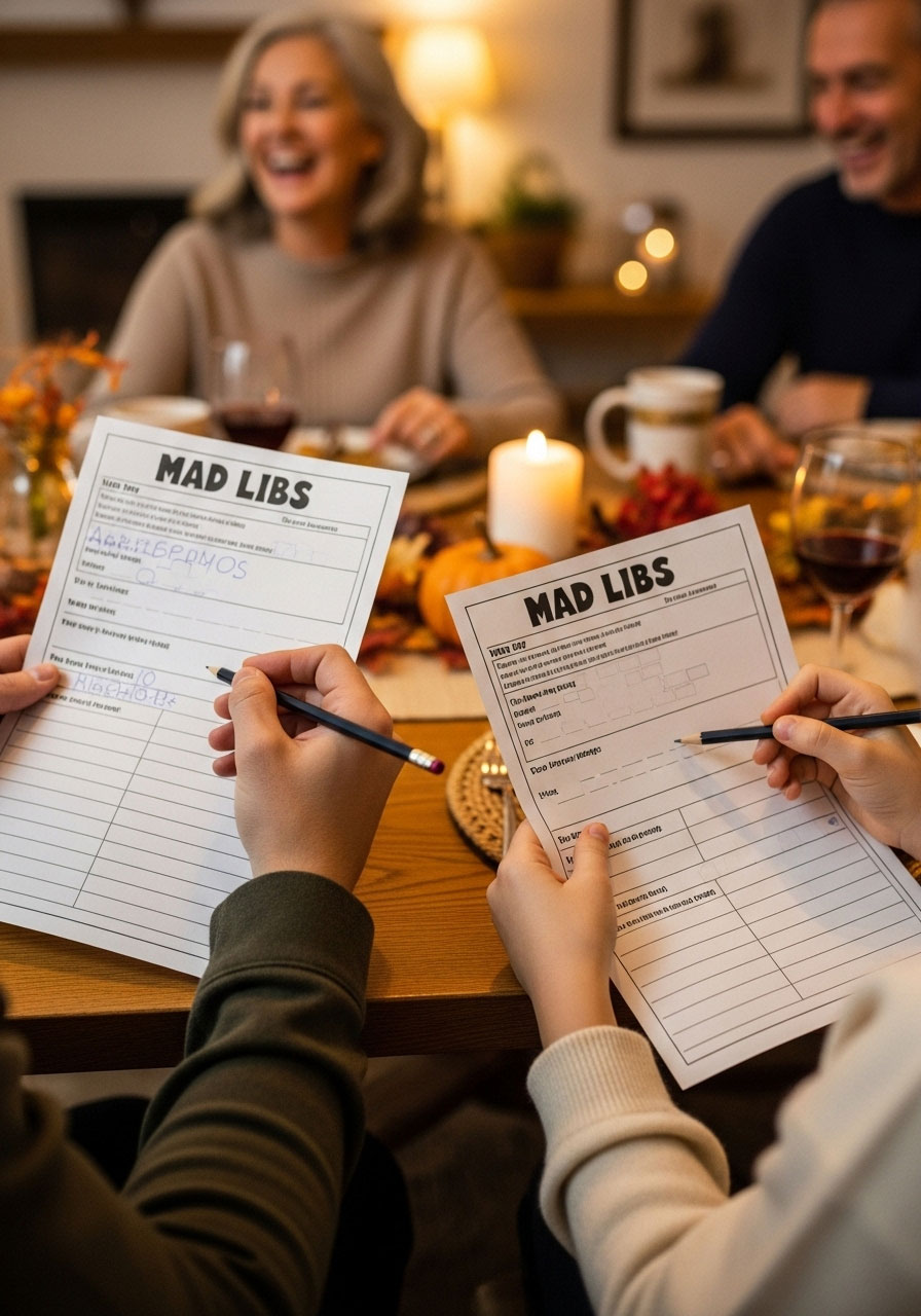 Thanksgiving Fill in the Blanks game with family writing silly stories together