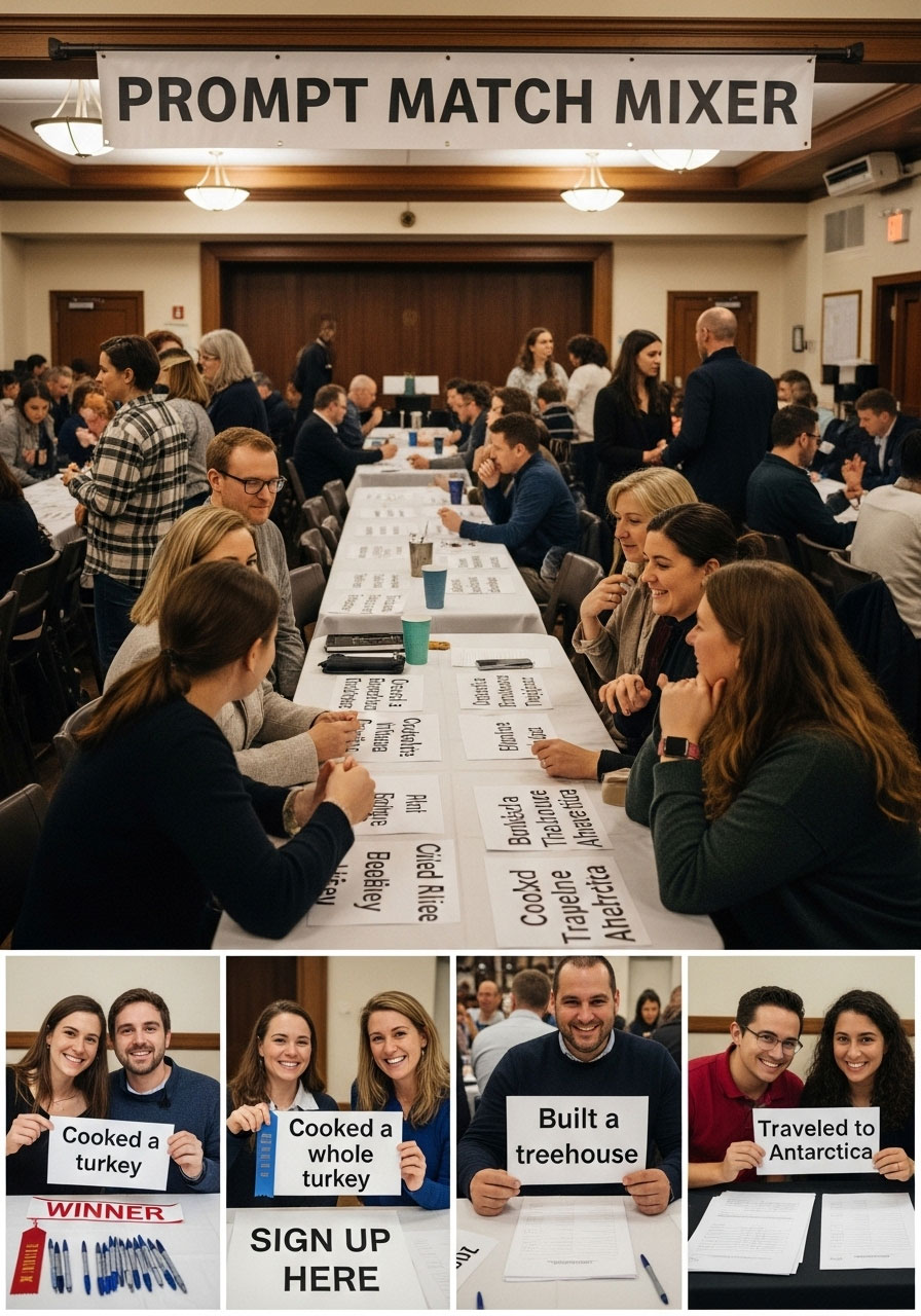 Thanksgiving Find Someone Who icebreaker game with guests collecting signatures and mingling