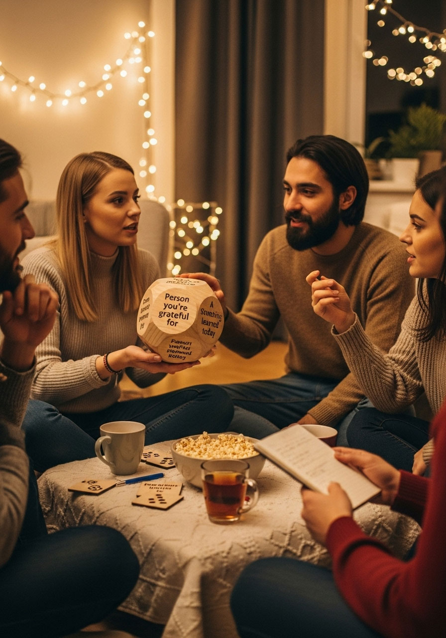 Thanksgiving Roll a Dice Gratitude game with family sharing thankful responses to prompts